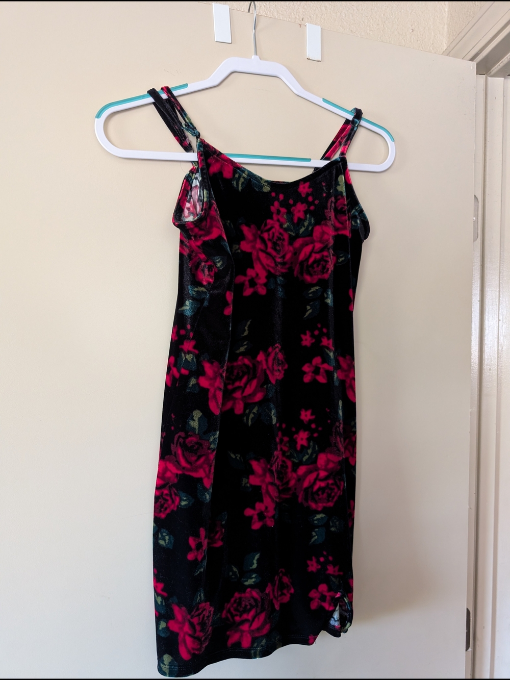 Black Velvet Floral Slip Dress with Pink Rose Print